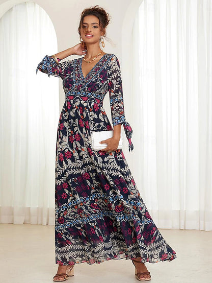 💟【S-5XL】👗Vestido largo con cuello en V y volantes florales para mujer,  estilo bohemio para vacaciones_4240764