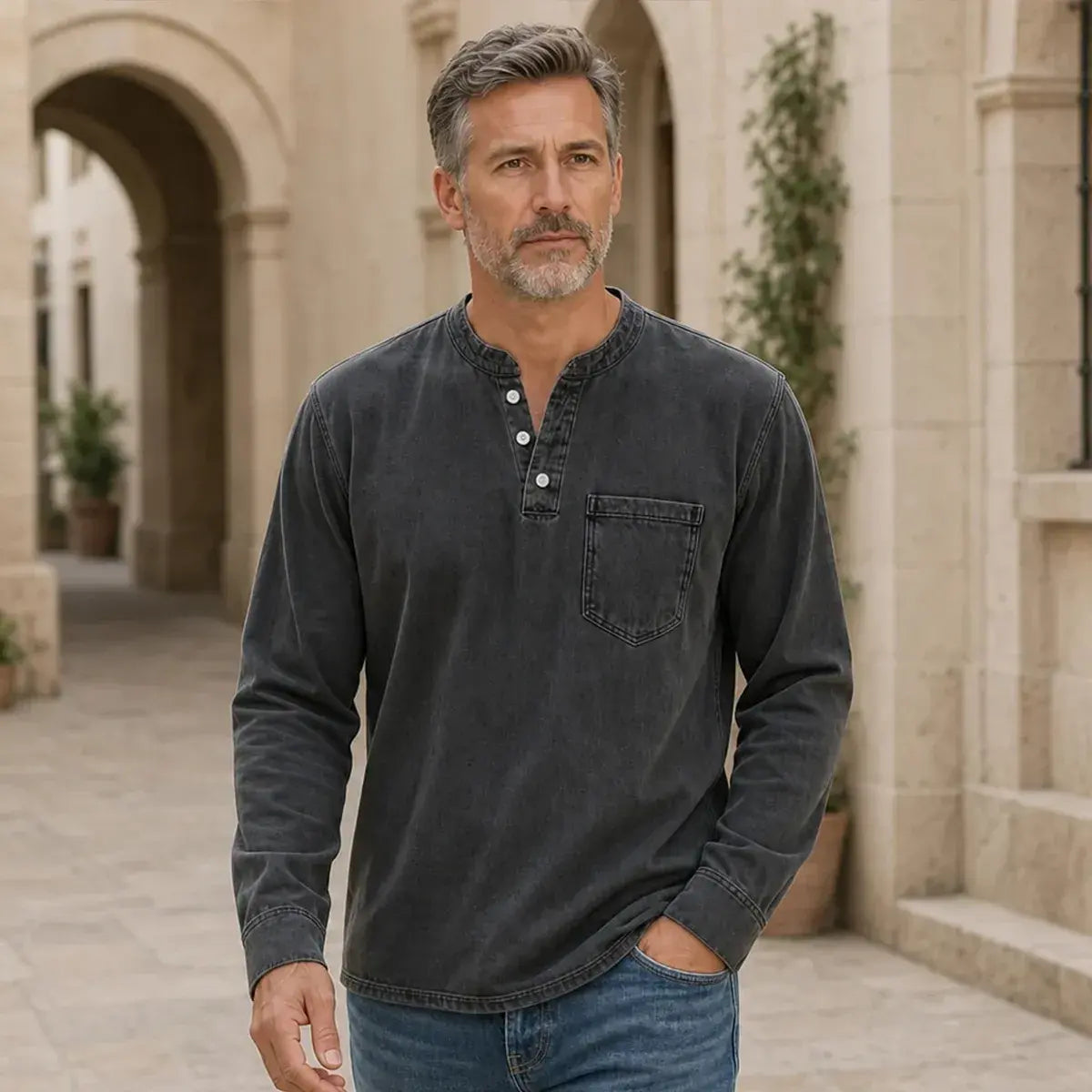 👔 Pánské tričko Henley s dlouhým rukávem a náprsní kapsou | Klasický ležérní styl ✨