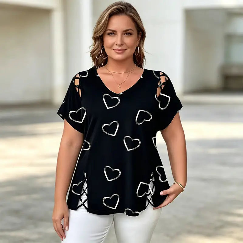 👚【S-5XL】Modna koszulka z dekoltem w serek i wycięciem w kształcie serca-4300305