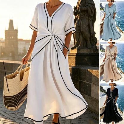 ✨ Poslední den slevy 50 %!【S-3XL】Letní pohodlné a elegantní lněno-bavlněné šaty s výstřihem do V, prodyšné a snadno kombinovatelné.