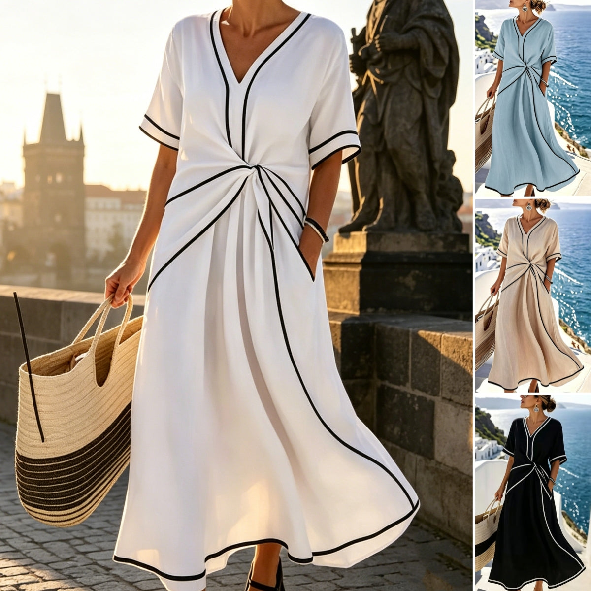 ✨ Poslední den slevy 50 %!【S-3XL】Letní pohodlné a elegantní lněno-bavlněné šaty s výstřihem do V, prodyšné a snadno kombinovatelné.