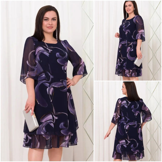 💕【S-5XL】👗Elegante vestido con estampado de malla y mangas con volantes.