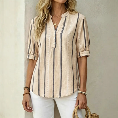 👚 🌺【 sleva 50 %】Letní pruhovaná halenka s krátkým rukávem z prodyšné směsi bavlny a lnu.