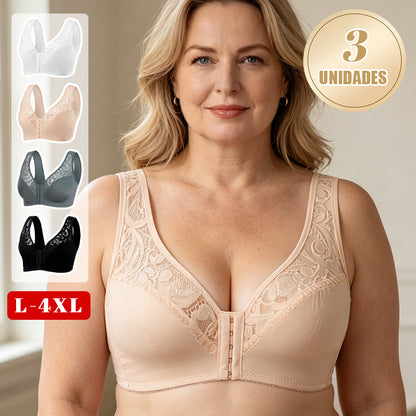 💖¡Precio mínimo histórico! 【Conjunto de 3 piezas】 【Tallas L-4XL】 😍🩲 Sujetador push-up para tallas grandes: hermoso encaje, diseño con efecto realce y copas, cierre frontal.