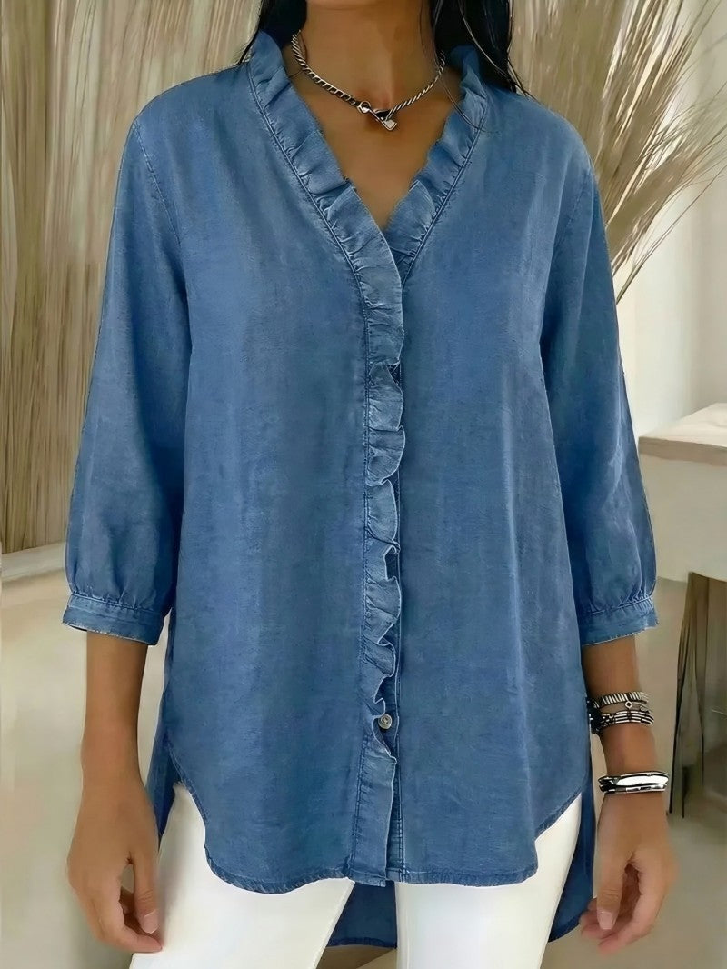 🔥 Pago contra reembolso ✅️【40-100kg】Camisa vaquera informal para mujer con cuello en V y volantes