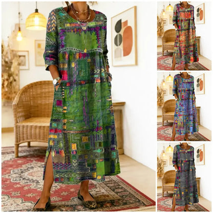 💟【S-5XL】Vestido de mujer de algodón puro, estampado étnico, patchwork, ribete de encaje