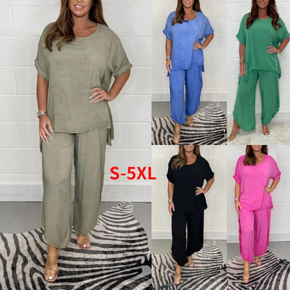 💞【S-5XL】Nowa letnia moda damska casualowa odzież bawełniana i lniana w dużych rozmiarach✨ (topy + spodnie)✨ - miękka i wygodna, oddychająca i cienka