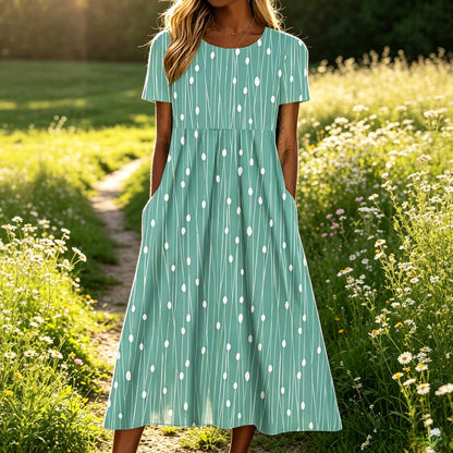 【S-5XL】🌸Kerek nyakú, rövid ujjú maxi ruha, retró bohém mintával, laza és kényelmes.