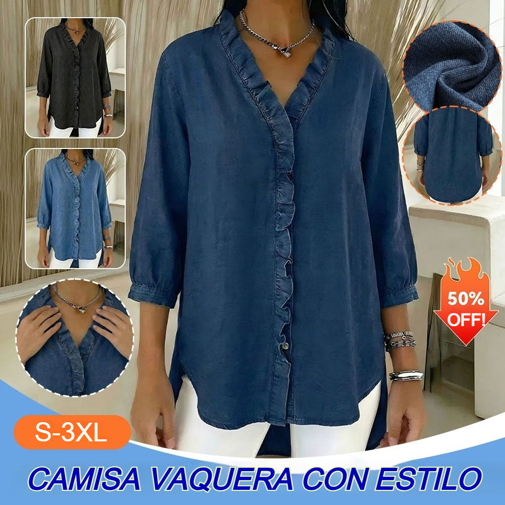🔥 Pago contra reembolso ✅️【40-100kg】Camisa vaquera informal para mujer con cuello en V y volantes