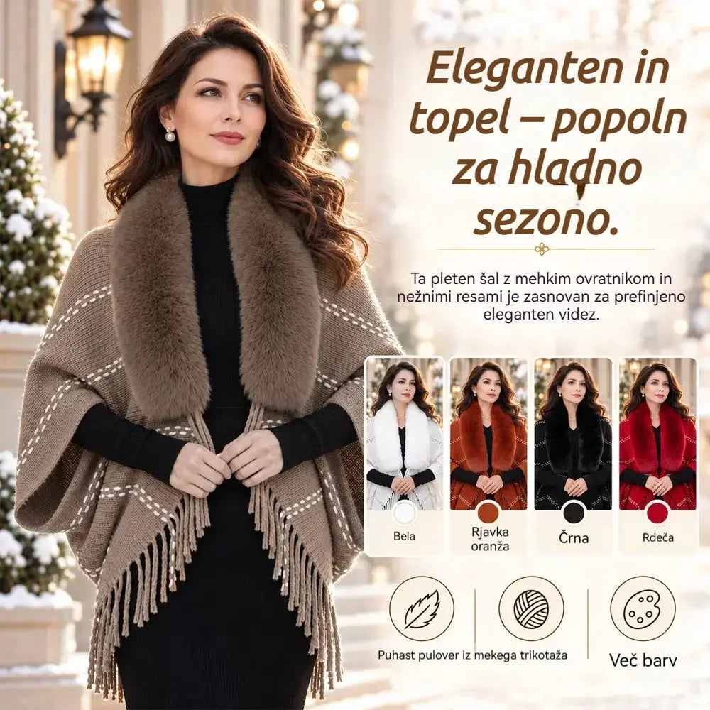 ✨ Pleten zimski šal z mehkim ovratnikom in elegantnimi resami · Sproščena, topla ženska jopa v slogu ponča!