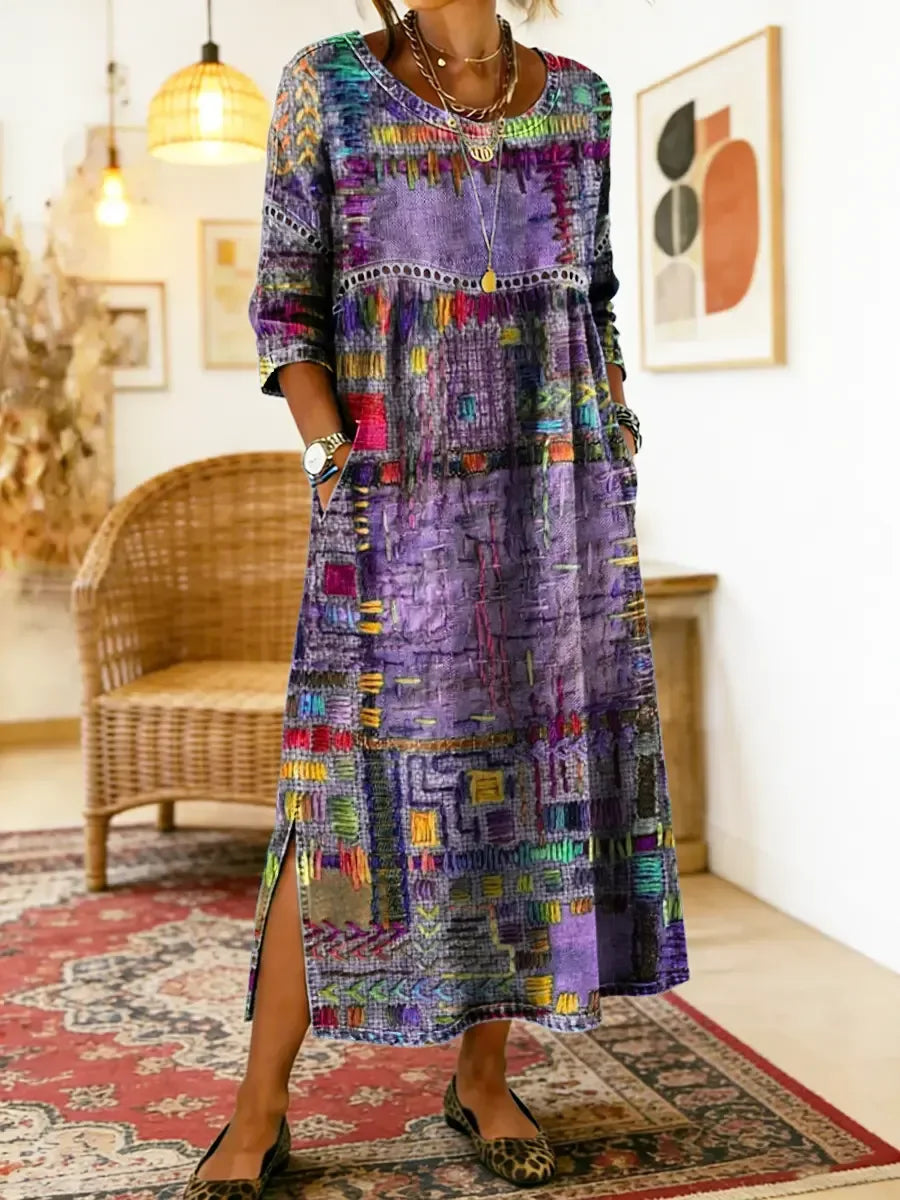 💟【S-5XL】Vestido de mujer de algodón puro, estampado étnico, patchwork, ribete de encaje