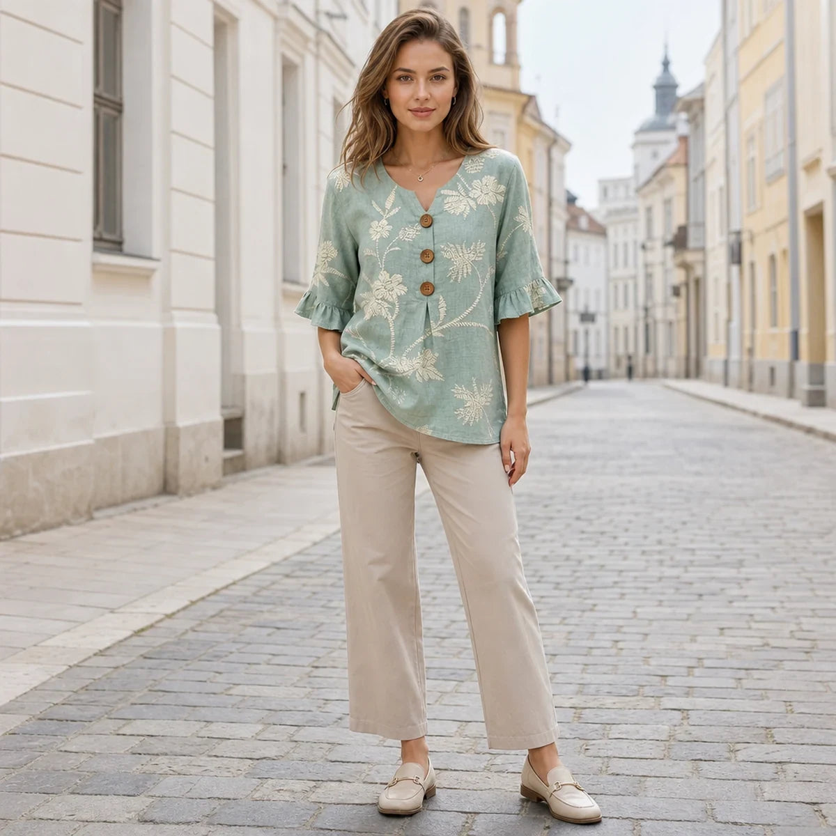 【S–5XL】Nová dámská blůza s květinovou výšivkou a volánky, směs bavlny a lnu, elegantní oblečení