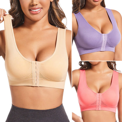 🧘‍♀️👙【Paket 3 kosov】【Veličina S-6XL】Športni modrček z zapenjanjem spredaj, brez kosti, nudi oporo in dobro oporo hrbtu.