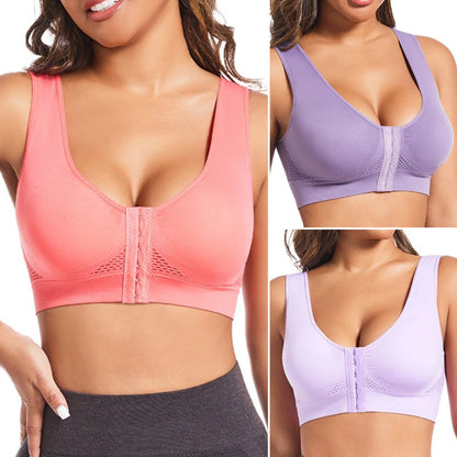 🧘‍♀️👙【Paket 3 kosov】【Veličina S-6XL】Športni modrček z zapenjanjem spredaj, brez kosti, nudi oporo in dobro oporo hrbtu.