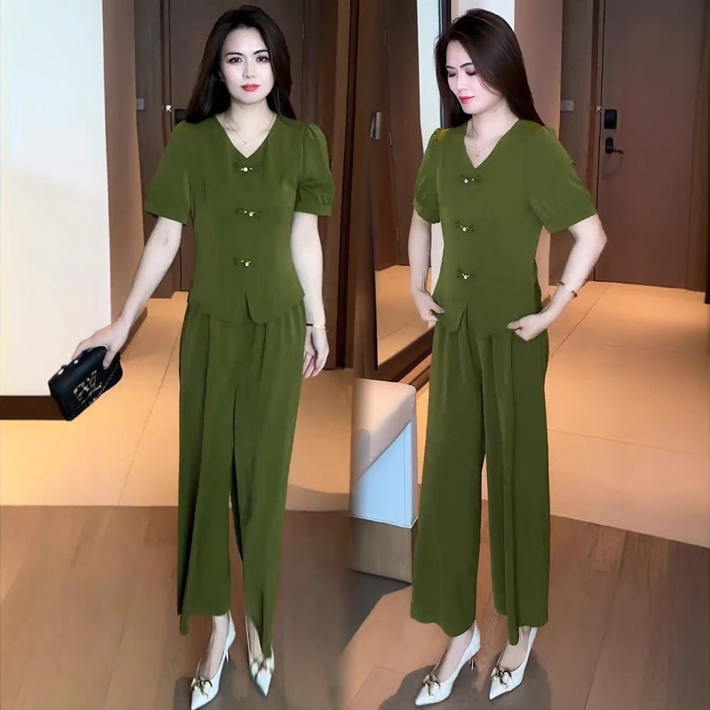 🌸【M-5XL】🔥【Póló + Széles szárú nadrág】2026 Trendi jégselyem lezser szett_4277556
