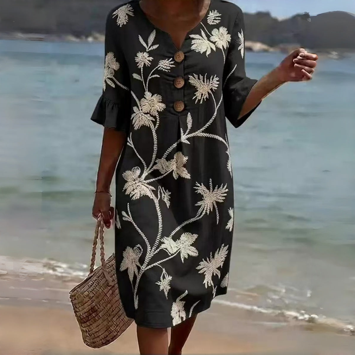 🌼👗【S-3XL】Dámské bavlněné a lněné šaty s nafoukanými rukávy a knoflíky