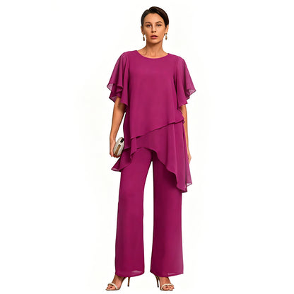 【S-3XL】Elegantni šifonski komplet: asimetričen nabran zgornji del in široke hlače – prefinjen videz za dogodke