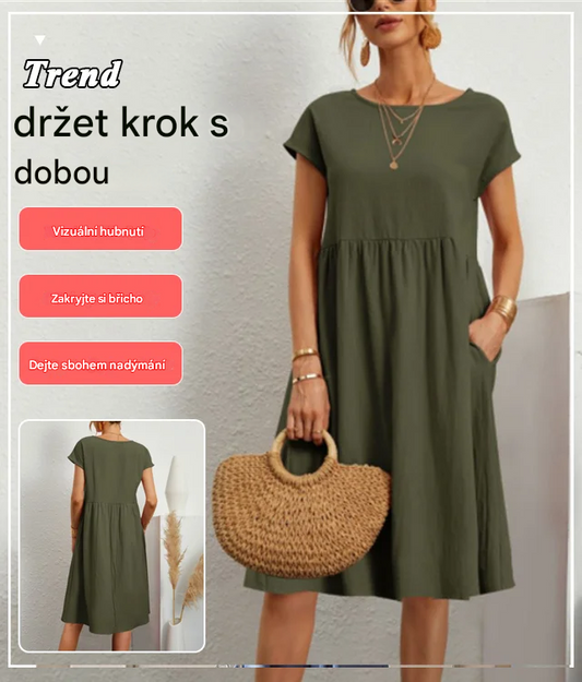 🌈💃【S–2XL】😍 Letní dámské šaty ve větších velikostech, volný OL styl, áčkový střih, kulatý výstřih 4255180