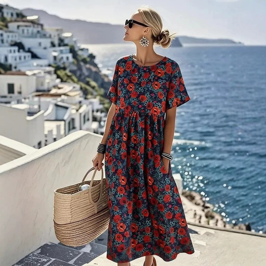 👗🌺【S-4XL】Letní ležérní tištěné šaty 2026, kulatý výstřih, s kapsami - možnost platby při doručení