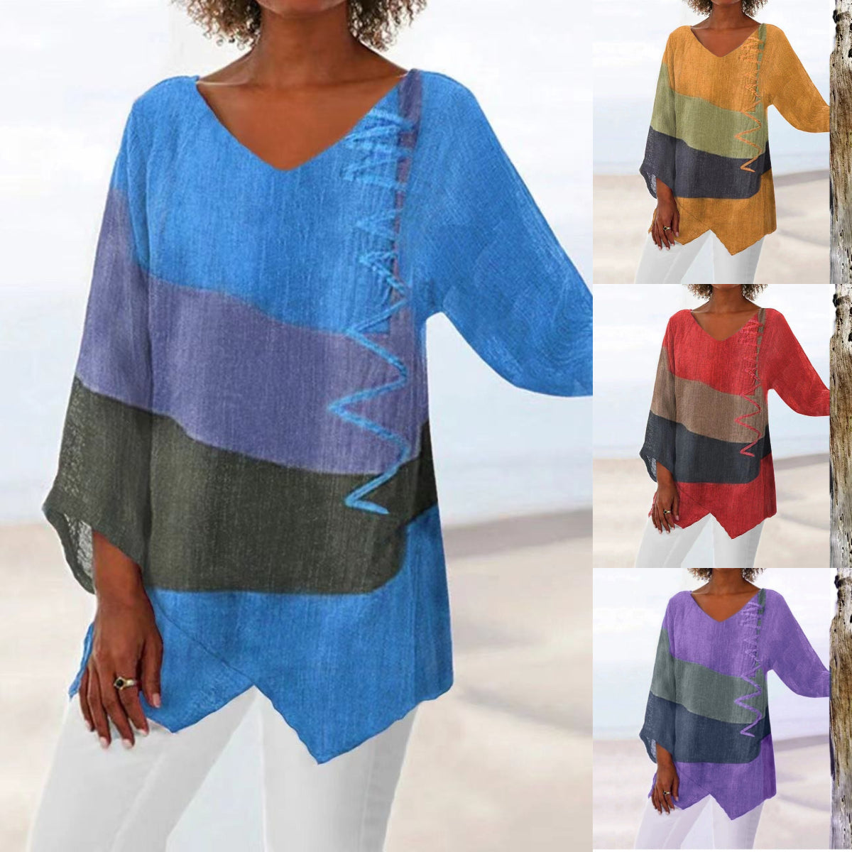 ⏳ Utolsó nap – 50% kedvezmény 😍【S~5XL】Női elegáns hétköznapi felső: V-nyakú, hosszú ujjú, művészi mintás nyomat