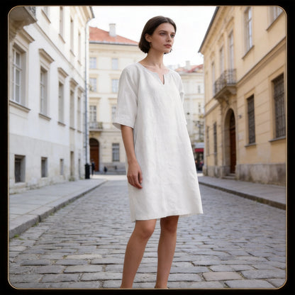 ✨【S–3XL】Dámské volné šaty z bavlny a lnu, s malým výstřihem do V, prodyšné, měkké a pohodlné na nošení