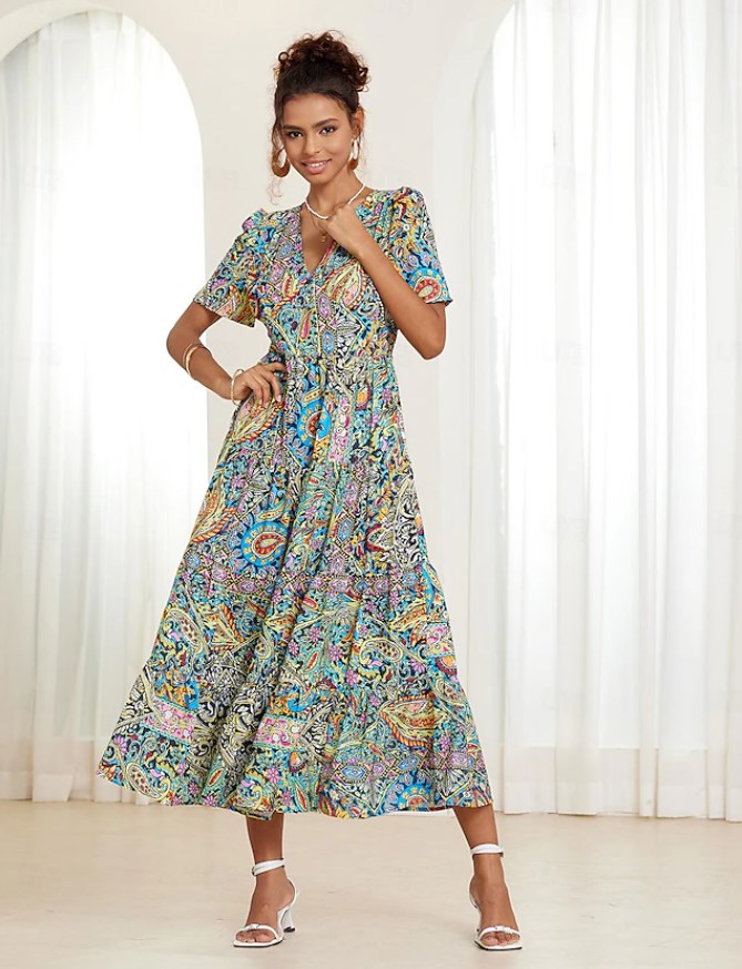 🌈【S-5XL】👗2025 Nova seksi obleka z V-izrezom v elegantnem potisku