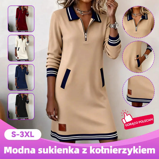 🔥🔥【S-3XL】【40-100 kg】Zimowa, nowa, swobodna sukienka z zamkiem błyskawicznym, kołnierzykiem, długim rękawem i kieszenią w blokowym kolorze
