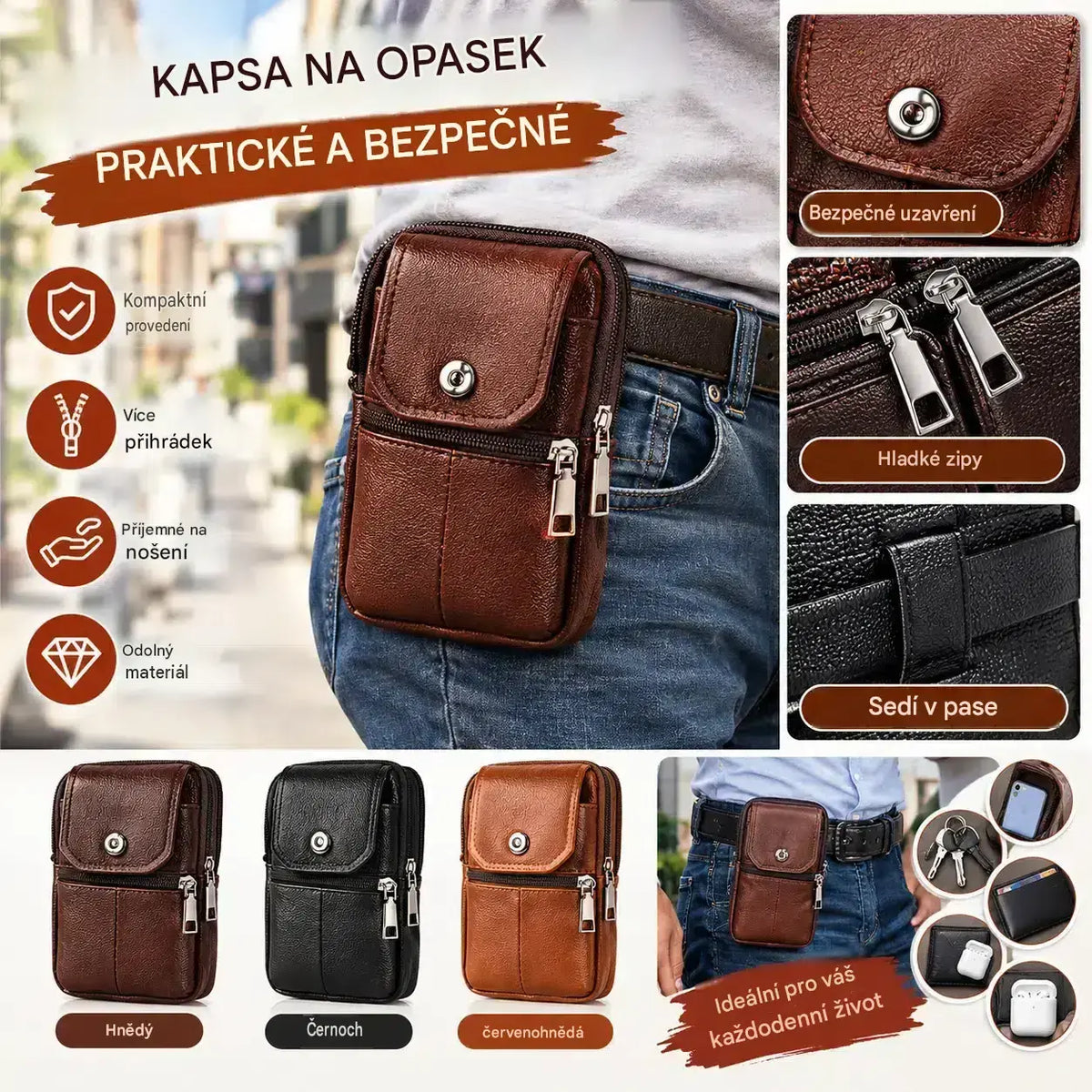 ❤️💼 Nová pánská ledvinka ve vintage stylu, vyrobená z kvalitní pravé hovězí kůže; vyznačuje se vynikající odolností vůči opotřebení i vodě.