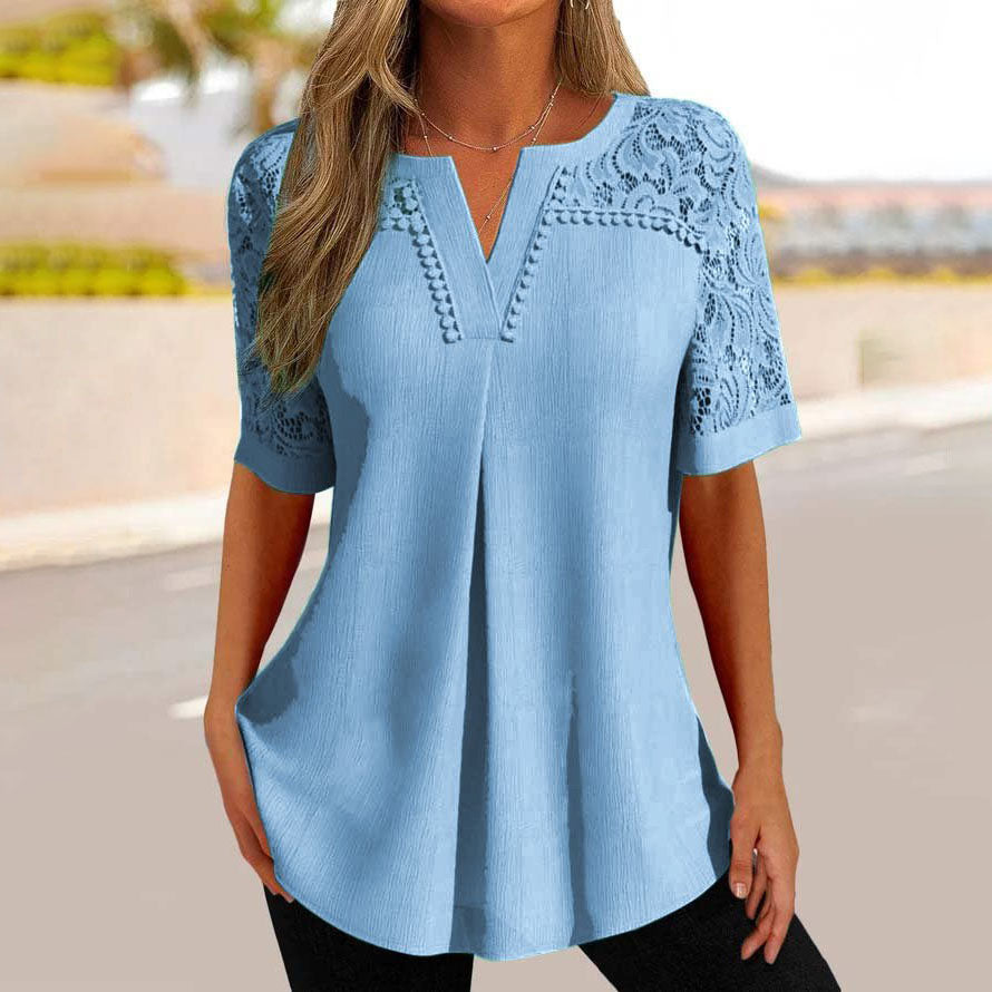 【S—XXXL】👚[Poletna razprodaja] Nova majica s kratkimi rokavi s čipkastimi šivi 2025