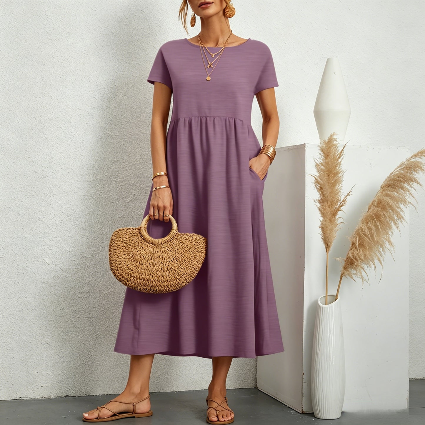 👗💖💖【S-5XL】2026 új női pamut-len ruha – kerek nyakú, bő szabás