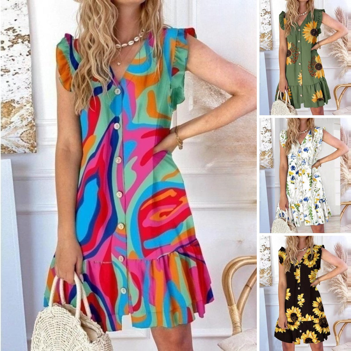 🌺👗【S-2XL】2026 Nové šaty s výstřihem do V a volným potiskem