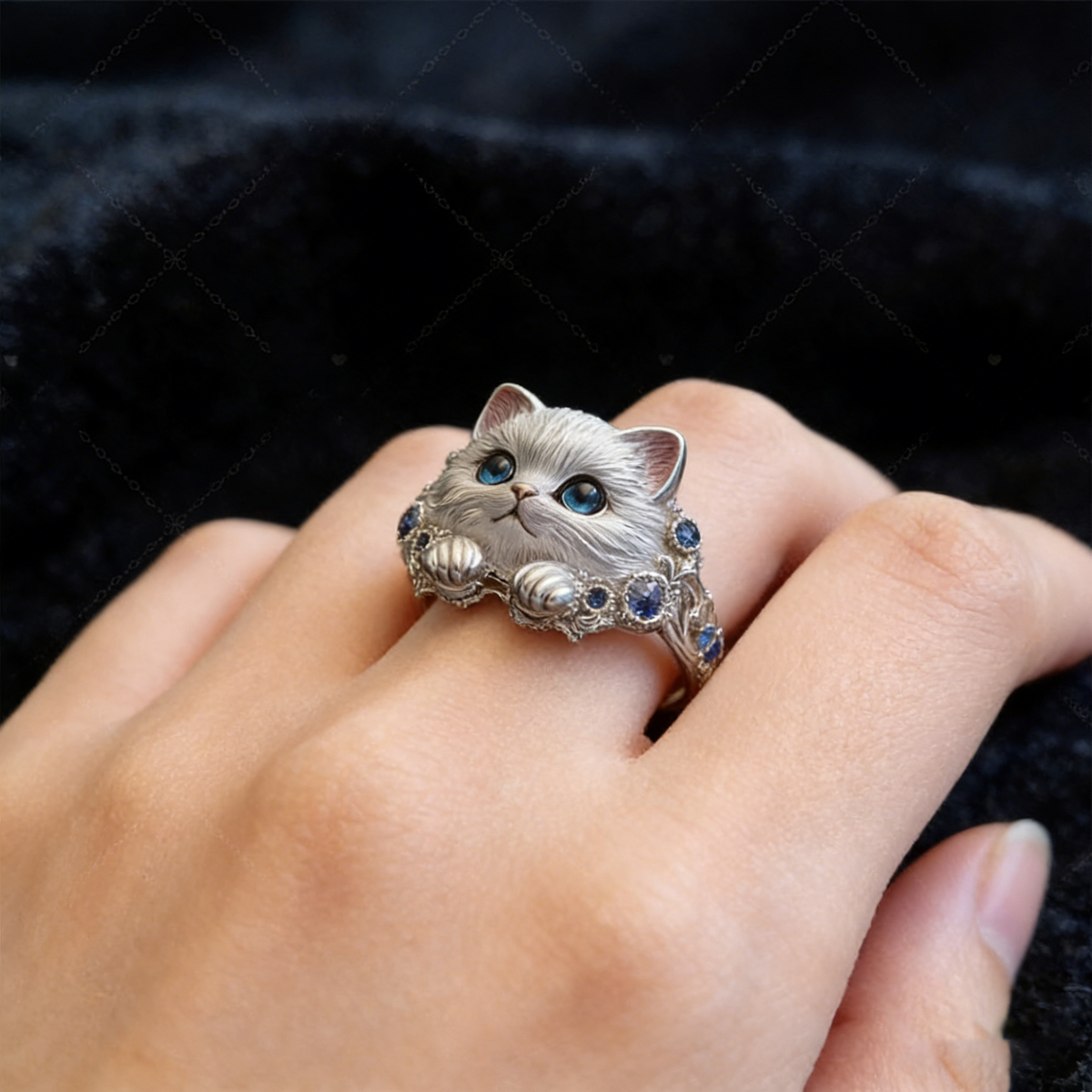 🎁😍🎁😍【Balení po 2 kusech】 Jednoduchý a elegantní stříbrný prsten s kotětem a diamanty 4254083