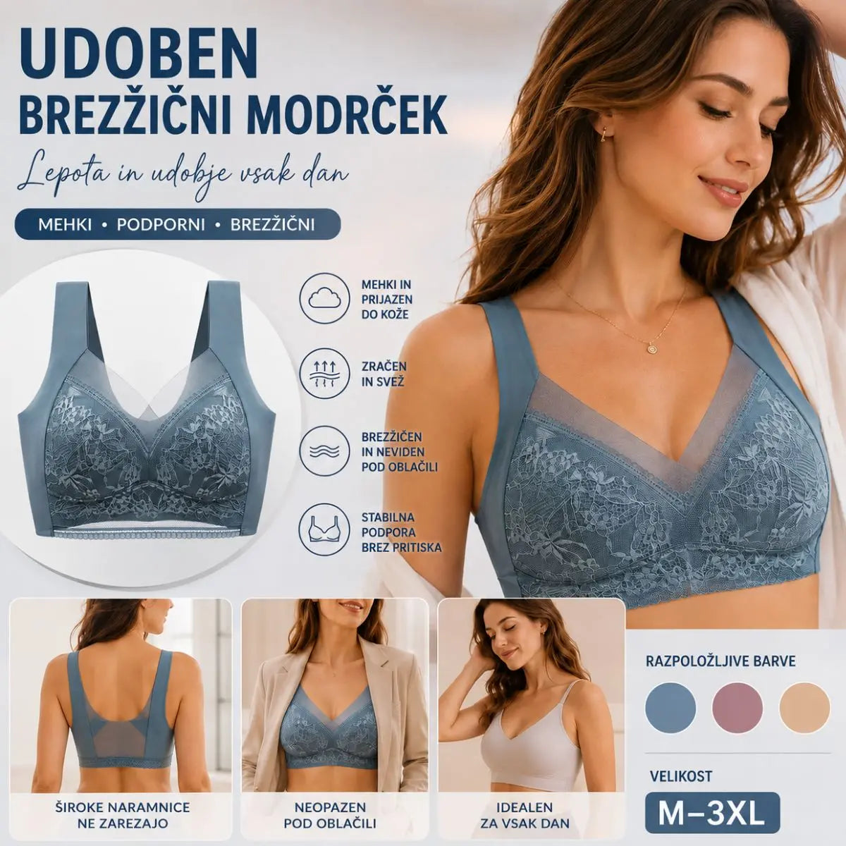 ⭐【Kupite 2, dobite 2 gratis】🔥4 kosov za 25 €【40–110 KG】Udoben brezšivni čipkasti modrček za ženske