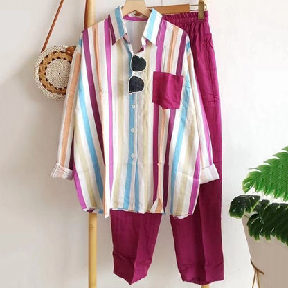 ✨🌺【S-5XL】Nová letní módní ležérní souprava (pruhovaná košile s potiskem + kalhoty)
