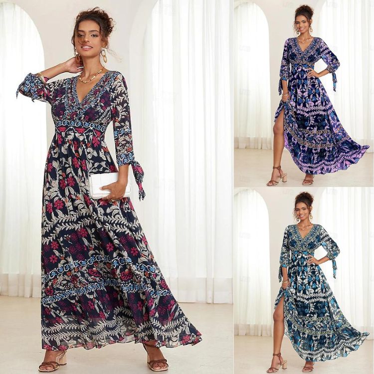 💟【S-5XL】👗Vestido largo con cuello en V y volantes florales para mujer,  estilo bohemio para vacaciones_4240764