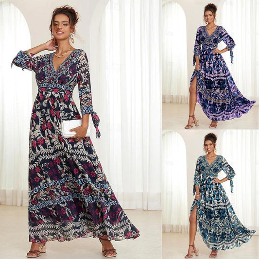 💟【S-5XL】👗Vestido largo con cuello en V y volantes florales para mujer,  estilo bohemio para vacaciones_4240764