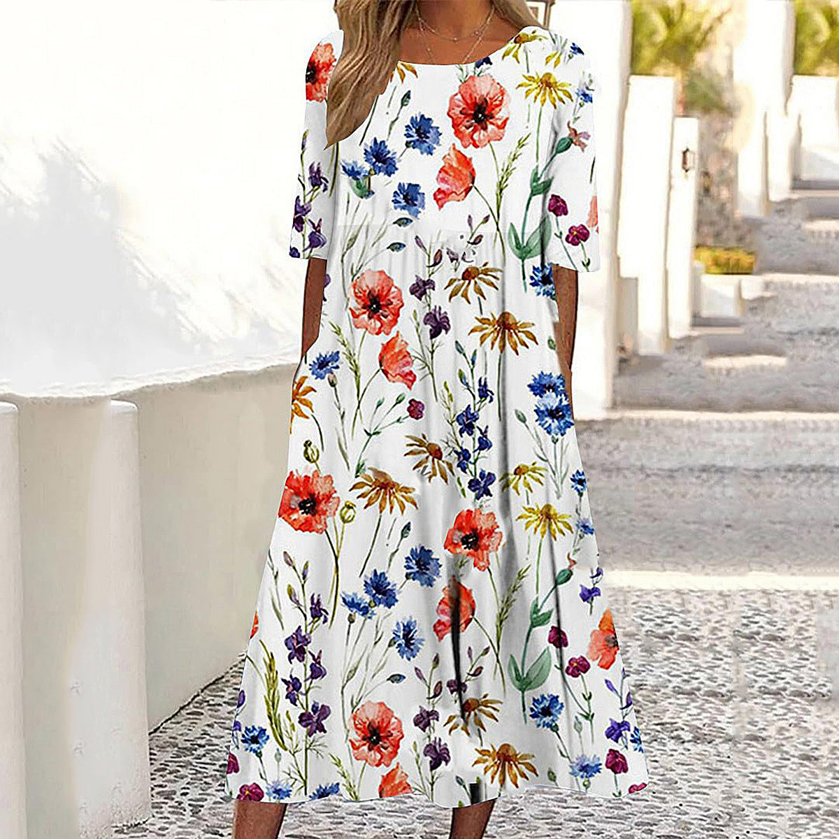 🌺👗 Letní hit【S–3XL】2026 Volné letní šaty s kulatým výstřihem a potiskem, prodyšné, pohodlné a snadno kombinovatelné