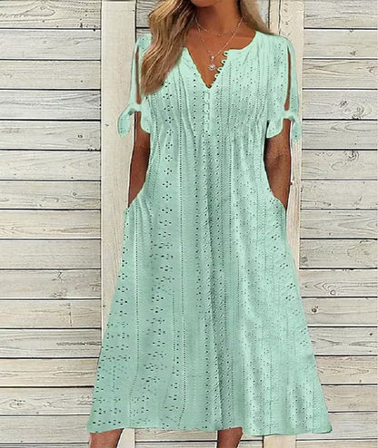 👗❤️【S-3XL】 Nova modna priložnostna ohlapna obleka z visokim pasom in vezenino v enobarvni barvi