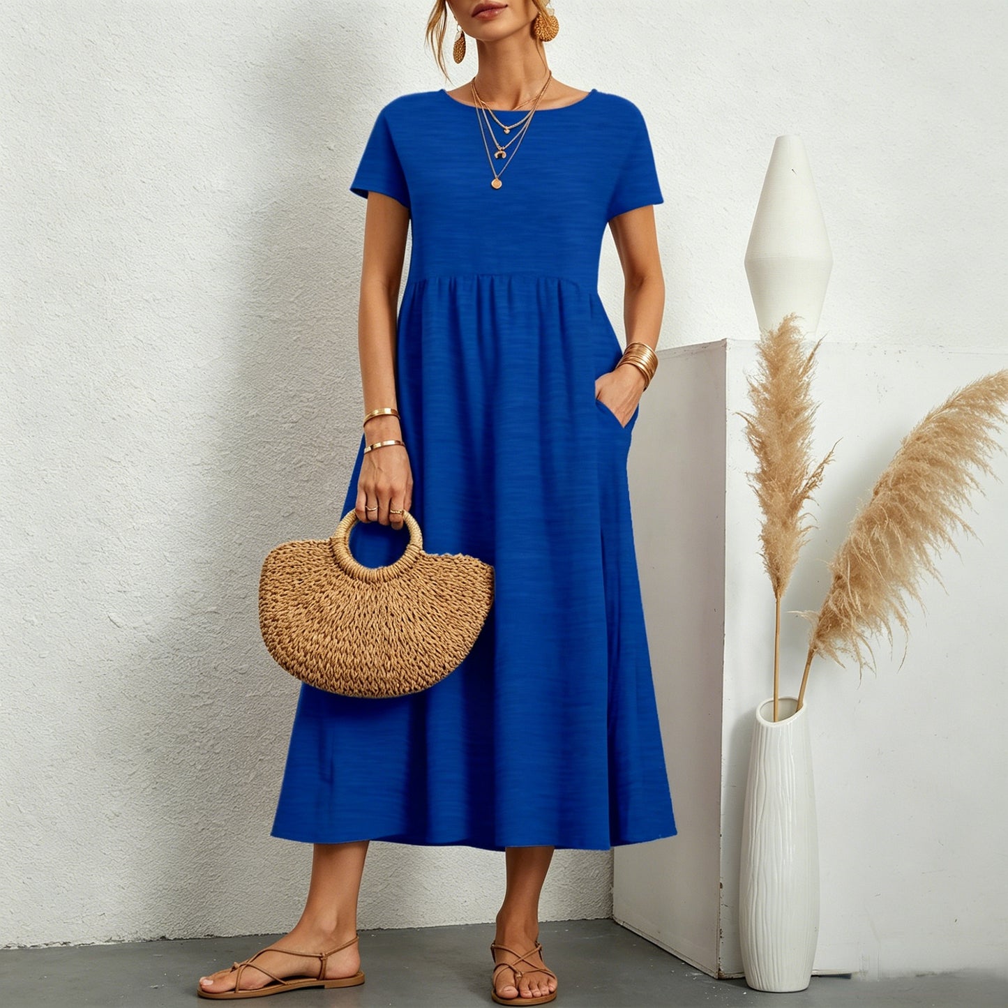 👗💖💖【S-5XL】2026 új női pamut-len ruha – kerek nyakú, bő szabás
