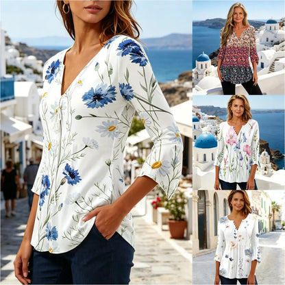 👚【S–5XL】Nový top s výstřihem do V a potiskem, přiléhavý, univerzální, prodyšný a pohodlný