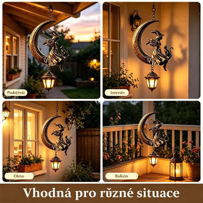 🎐Rumunština: Závěsná zahradní lucerna s čarodějnicí na Měsíci a kočkou – vintage dekorace s LED světlem, vodotěsná na zahradu, terasu a Halloween
