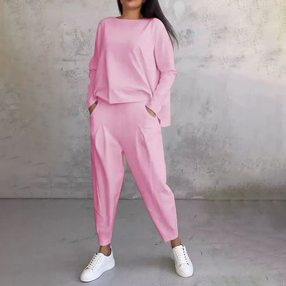 💖 [Zadnji dan 50% popust] Dvodelni komplet hlač z okroglim izrezom in dolgimi rokavi, top in hlače