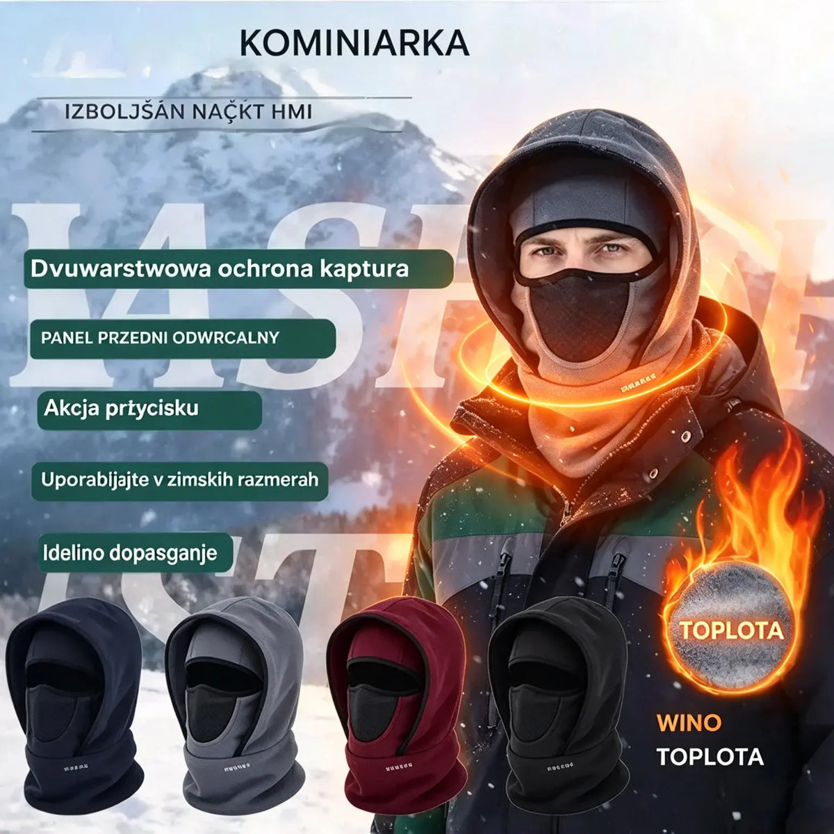🎉🧣❄️ Topla, dvoslojna kapa iz flisa, ki je odporna proti vetru in ščiti obraz – popolna za zimo.