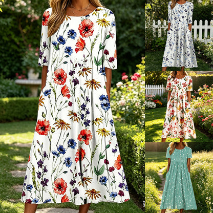 【S-5XL】🌸Kerek nyakú, rövid ujjú maxi ruha, retró bohém mintával, laza és kényelmes.