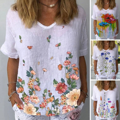 🔥【S-5XL】🌈Camiseta de manga corta de lino y algodón con estampado floral💐_4240731