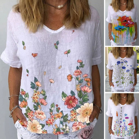🔥【S-5XL】🌈Camiseta de manga corta de lino y algodón con estampado floral💐_4240731