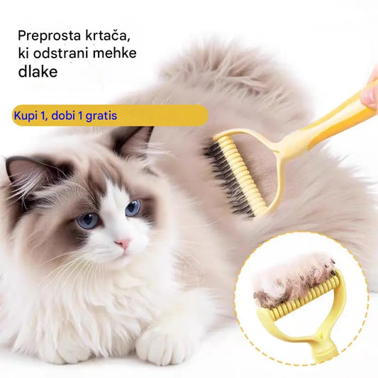 🐶【Kupite 1, dobite 1 gratis】-2 kosa--🧹Dvostranska samočistilna krtača za hišne ljubljenčke: Odstranjuje odmrlo dlako in zmanjšuje izpadanje dlake pri psih in mačkah