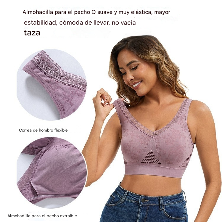 😍❤️40-120 kg【Paquete de 3】✨Sujetador de encaje sin aros para mujer, alta sujeción_4222313