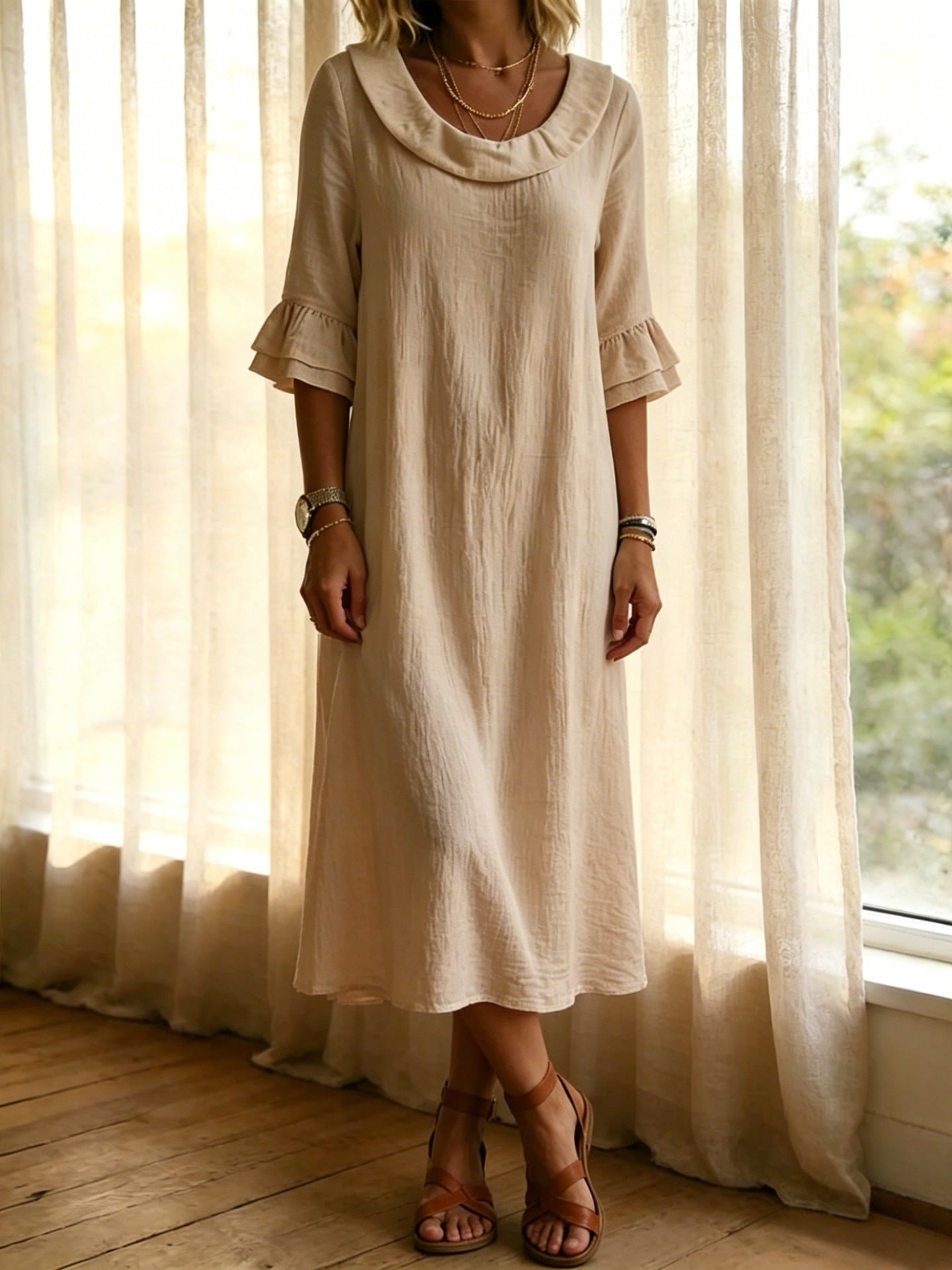 【S-3XL】Elegante vestido de mujer de algodón y lino con mangas abullonadas y cuello redondo 4288675