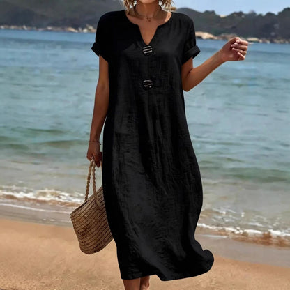 (Último día, 50% de descuento) Vestido holgado de algodón y lino, ligero y transpirable, elegante y cómodo.